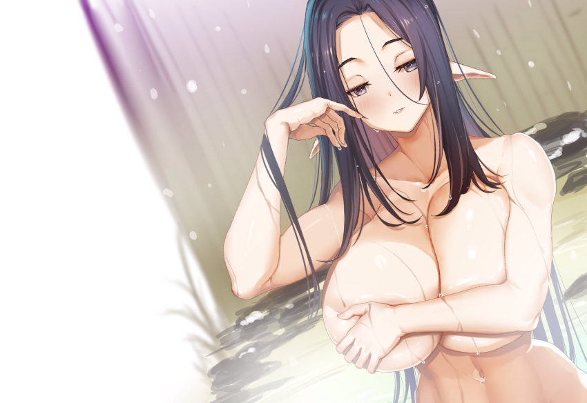 1girls abs arm_up bathhouse belly belly_button big_breasts blurry blurry_background blush breast_press breast_squeeze breasts covering_breasts ears_down elf elf_ears elf_female eyebrows female female_focus female_only flustered hair_over_breasts half-closed_eyes hot_spring huge_breasts large_breasts lips long_hair looking_at_viewer navel nude one_arm_up original original_character pointy_ears purple_eyes purple_hair shin. solo solo_female solo_focus two_tone_hair very_long_hair water_drop wet wide_hips