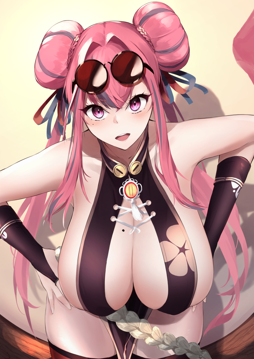 1girls azur_lane bremerton_(azur_lane) bremerton_(kung_fu_cruiser)_(azur_lane) chinese_clothes chounyuu cleavage curvy dress eyewear_on_head female female_only huge_breasts light-skinned_female light_skin long_hair looking_at_viewer open_mouth pink_eyes pink_hair rinrin_kai skimpy_clothes solo sunglasses_on_head thick_thighs