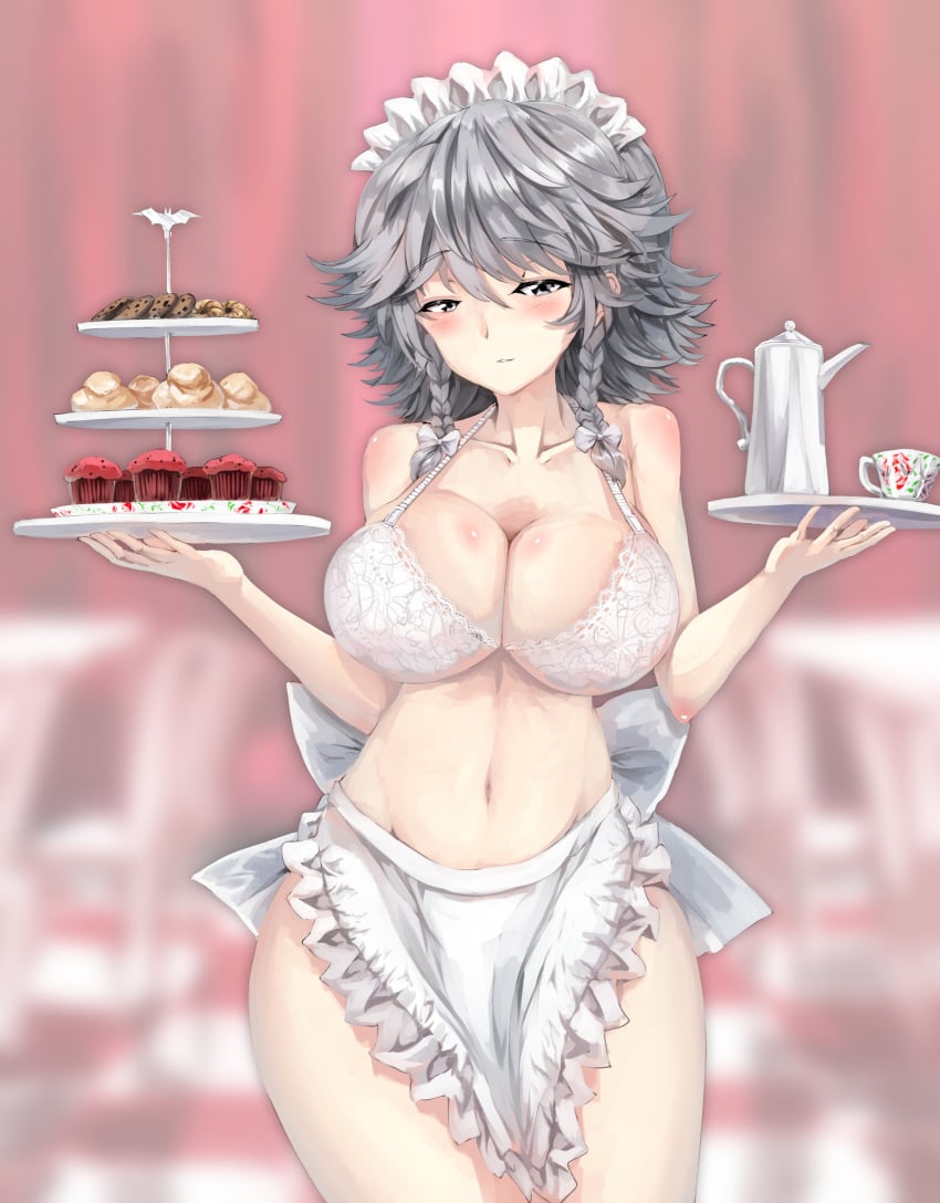 1girls apron blush bra cleavage collarbone cookie cupcake curvy curvy_body curvy_female curvy_figure female female_focus female_only grey_hair large_breasts looking_at_viewer maid maid_headdress naked_apron sakuya_izayoi silver_hair solo solo_focus sunnysideup sunyup_(artist) thin_arms thin_waist tight_clothing touhou white_lingerie wide_hips