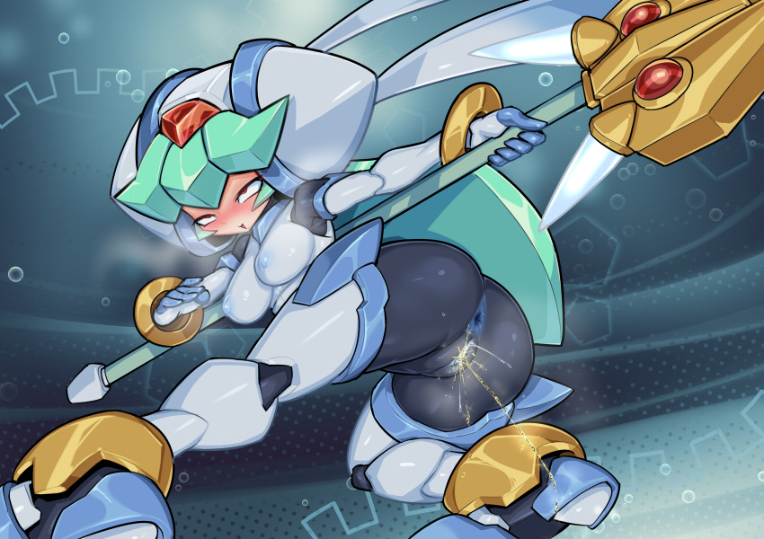 1girls absurdres ahe_gao android anus artificial_skin ass blue_anus blue_nipples blue_pussy blush breasts clitoris clothed female forehead_jewel green_hair half-closed_eyes heavy_breathing high_resolution highres hybrid jewelry looking_back looking_pleasured mega_man mega_man_zx multicolored_skin open_mouth pandora_(mega_man) partially_clothed peeing pochincoff pussy red_eyes reploid robot robot_girl rolling_eyes sideboob smile solo steam steaming_body tongue uncensored urine weapon white_breasts