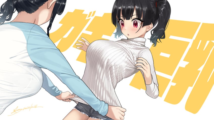 2020 2girls :o artist_name black_hair blush breasts clothed clothing eyebrows_visible_through_hair female female_only japanese_text kaedeko_(kaedelic) kanna_sasaki_(kaedeko) large_breasts long_hair looking_down miyuki_sasaki_(kaedeko) multiple_girls open_mouth original red_eyes ribbed_sweater shirt short_shorts shorts siblings side_ponytail signature simple_background sisters standing sweater sweater_tug text tied_hair translated turtleneck turtleneck_sweater twintails white_background