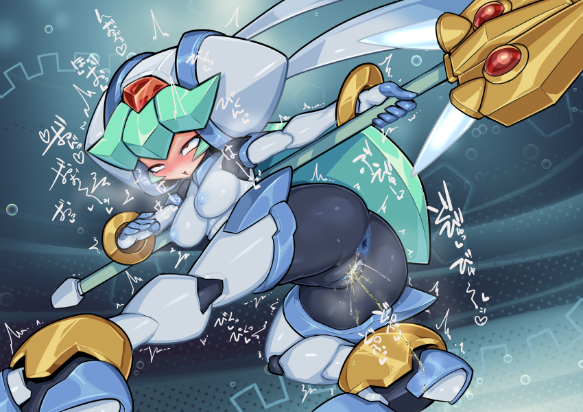 1girls absurdres ahe_gao android anus artificial_skin ass blue_anus blue_nipples blue_pussy blush breasts clitoris clothed female forehead_jewel green_hair half-closed_eyes heart heavy_breathing high_resolution highres hybrid japanese_text jewelry looking_back looking_pleasured mega_man mega_man_zx multicolored_skin open_mouth pandora_(mega_man) partially_clothed peeing pochincoff pussy red_eyes reploid robot robot_girl rolling_eyes sideboob smile solo steam steaming_body text tongue uncensored urine weapon white_breasts