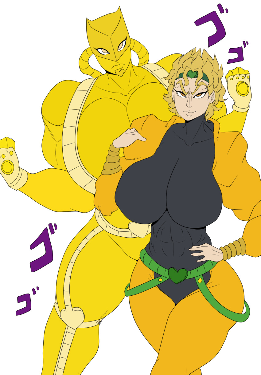 2girls basic_color_edit big_breasts blonde_hair breasts clothed color_edit colored curvy detnox dio_brando edit edited female female_dio humanoid jojo's_bizarre_adventure light-skinned_female light_skin rule_63 shounen_jump stand_(jjba) stardust_crusaders the_world thick_thighs vampire villainess voluptuous wide_hips