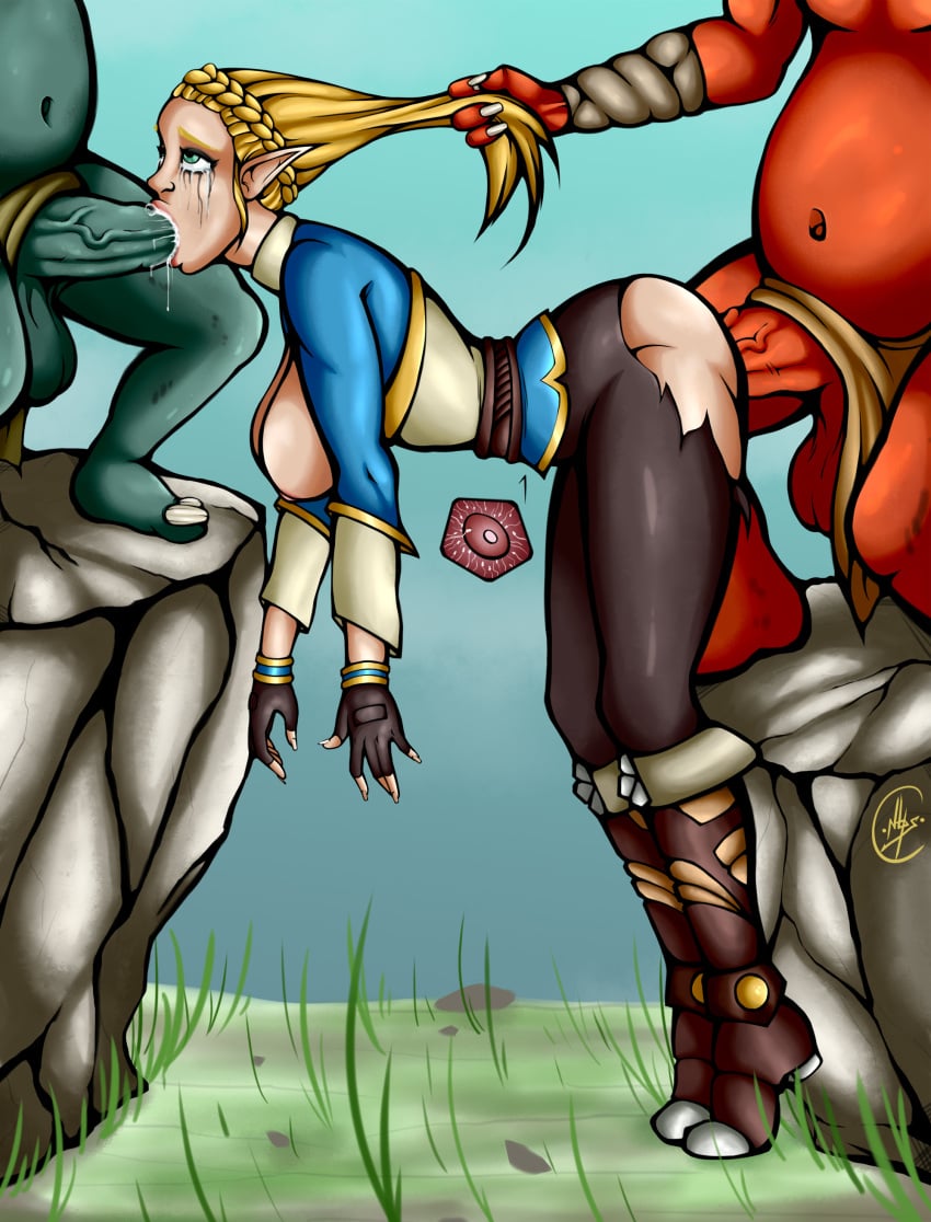 1girls 2boys bokoblin breath_of_the_wild busty fellatio from_behind from_behind_position goblin goblin_male green_skin hanging_breasts hourglass_figure huge_cock male mascara mascara_tears nintendo notrespassers oral oral_penetration oral_sex penis pointy_ears princess_zelda size_difference spitroast tagme the_legend_of_zelda wide_hips zelda_(breath_of_the_wild)