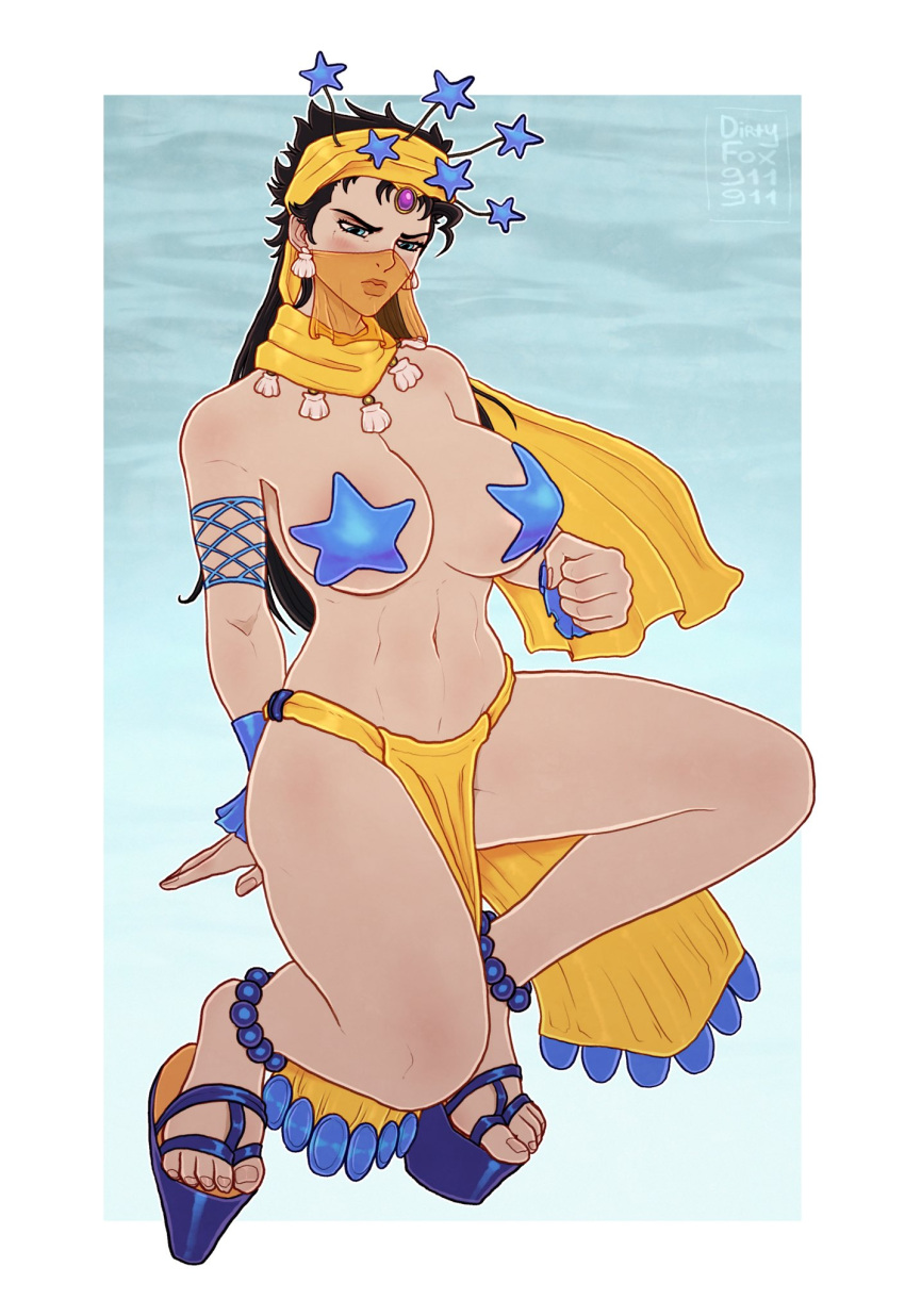 big_breasts bikini black_hair blush bracelet breasts commission cyan_eyes earrings facemask female female_jotaro headwear high_heel_sandals jojo's_bizarre_adventure jotaro_kujo loincloth midler_(cosplay) miserdirt neckerchief necklace rule_63 sandals stardust_crusaders starfish starfish_pasties