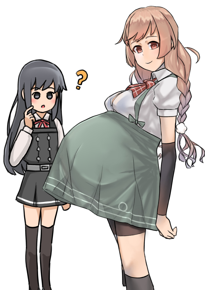 2girls ? armwear asashio_(kantai_collection) bike_shorts braided_hair braided_twintails brown_eyes dress female female_only fully_clothed garylin huge_belly kantai_collection light_brown_hair long_hair looking_at_viewer medium_breasts minegumo_(kantai_collection) neck_ribbon outie_navel popped_navel pregnant profile ready_to_pop see-through_clothing short_dress sidebelly small_breasts smile socks stretch_marks veiny_belly