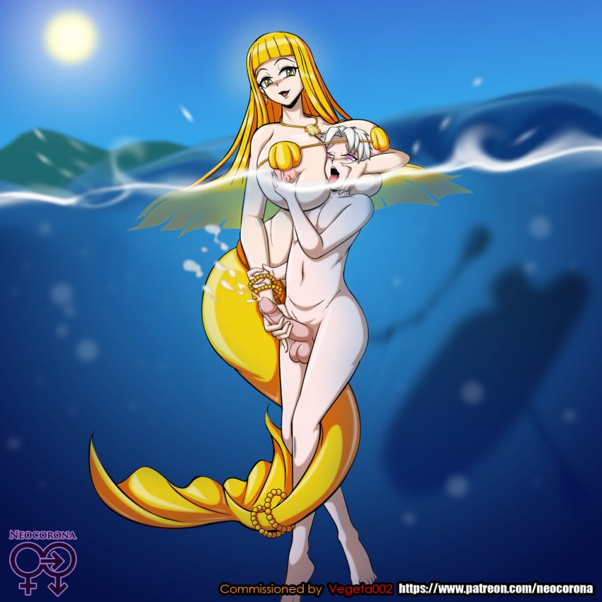 1boy 1girls big_breasts blonde_hair coco_(mermaid_melody_pichi_pichi_pitch) female fish_tail gigantic_breasts handjob huge_breasts male massive_breasts mermaid mermaid_ass mermaid_girl mermaid_melody_pichi_pichi_pitch mermaid_position mermaid_tail neocorona nipple_slip nude_male ocean original_character penis purple_eyes seashell_bra size_difference someone_else's_oc thomas_chambers_(vegeta002) white_hair xcom_2 yellow_eyes