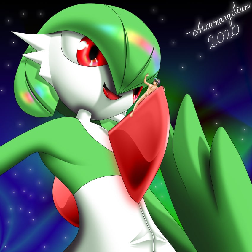 1girls aurumargelium game_freak gardevoir giantess green_hair nintendo pokémon_(species) pokemon pokemon_(species) red_eyes shrunken_male size_difference