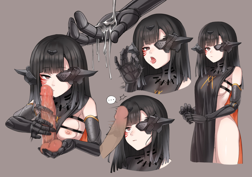 ... 1boy afterimage bangs beruko14 black_hair breasts brown_eyes caressing_testicles closed_mouth disembodied_penis erection eyebrows_visible_through_hair fellatio_gesture female girls'_frontline grey_background handjob highres long_hair looking_at_viewer mechanical_arms medium_breasts nipples nyto_adeline_(girls'_frontline) open_mouth paradeus penis penis_awe simple_background spoken_ellipsis straight testicles tongue tongue_out