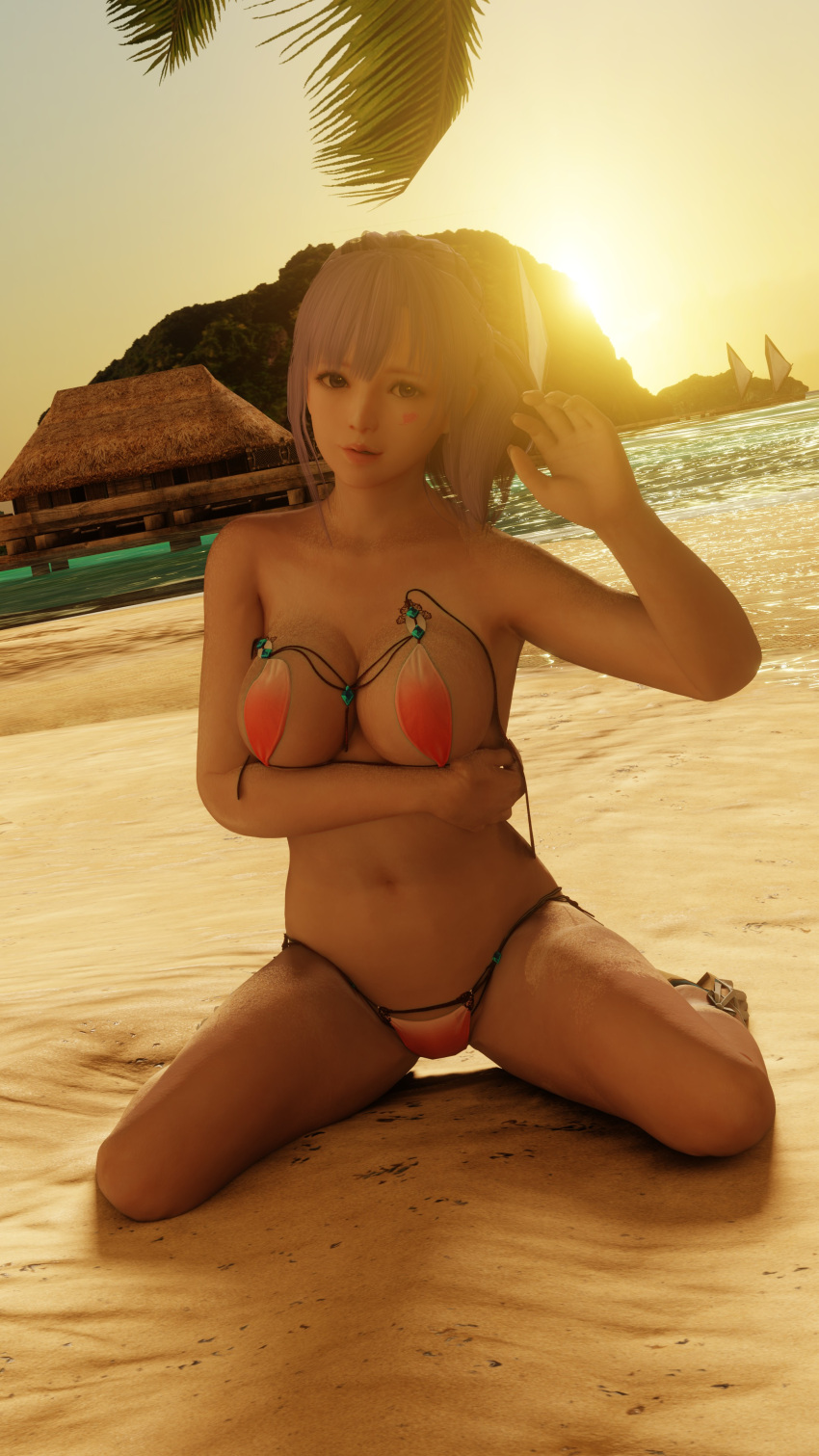 1girls 3d beach dead_or_alive dead_or_alive_xtreme_venus_vacation deluwyrn fiona_(doa) heart_tattoo kneeling looking_at_viewer micro_bikini purple_hair seaside tagme wardrobe_malfunction