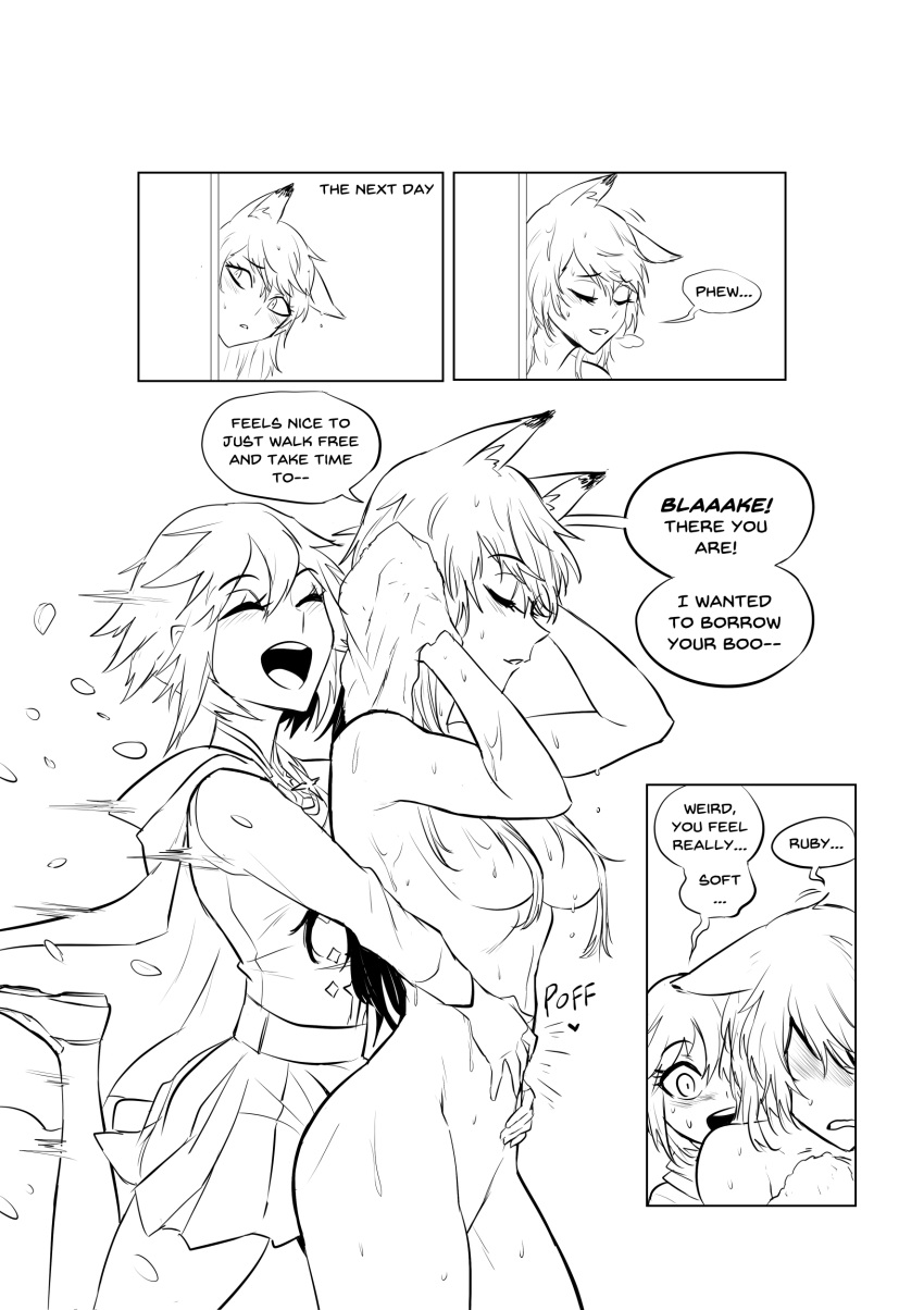 2girls animal_ears blake_belladonna blush cat_ears cat_girl closed_eyes clothed_female comic dialogue dialogue_bubble embarrassed embarrassed_nude_female embrace embracing eyes_covered female female_focus female_only hair_covering_breasts hair_covering_eye hair_covering_eyes hug long_hair naked naked_female nude_female nudist post_shower ruby_rose rwby short_hair shower skirt smile sytokun tagme wet wet_hair white_background