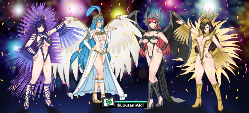 4girls abs alternate_costume altina_(fire_emblem) aqua_hair azura_(fire_emblem) azura_(vallite_songstress)_(fire_emblem) bare_arms bare_legs bare_midriff big_breasts blue_eyes blue_hair boots brown_hair carnival cherche_(fire_emblem) collarbone confetti female_only fire_emblem fire_emblem:_radiant_dawn fire_emblem_awakening fire_emblem_fates fireworks hair_between_eyes hair_over_one_eye high_heels kagero_(fire_emblem) large_breasts light_blue_hair long_hair looking_at_viewer loutaniart multiple_girls nintendo pose purple_hair red_eyes red_hair revealing_clothes showgirl sideboob skimpy skimpy_clothes smile thong_leotard underboob very_long_hair wings yellow_eyes