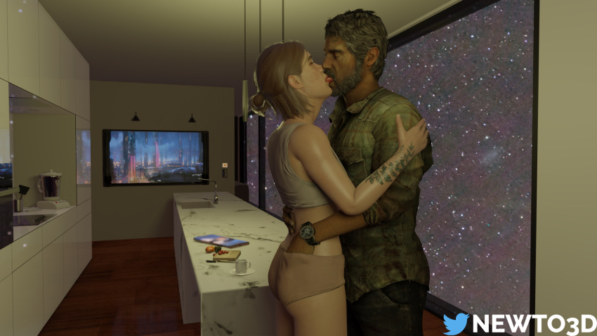 1boy 1girls 3d age_difference ass_grab blender ellie_(the_last_of_us) ellie_williams joel_miller kissing naughty_dog newto3d older_male passionate rick_astley rickroll the_last_of_us the_last_of_us_2 tongue_kiss