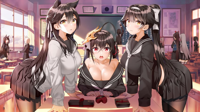 10girls 6+girls akagi_(azur_lane) akusema alternate_costume animal_ears atago_(azur_lane) ayanami_(azur_lane) azur_lane bag bangs bare_shoulders black_hair black_legwear black_skirt blue_bag blush bow box breasts brown_eyes chalkboard character_request classroom cleavage closed_mouth collarbone commentary_request desk extra_ears eyebrows_visible_through_hair grey_hair grey_sweater hair_ornament hair_ribbon hairband hairbow holding holding_bag kaga_(azur_lane) large_breasts long_hair looking_at_viewer mikasa_(azur_lane) mole mole_under_eye multiple_girls necktie no_eyewear pantyhose pleated_skirt ponytail ribbon school_desk school_uniform serafuku shoukaku_(azur_lane) skirt sweater swept_bangs taihou_(azur_lane) takao_(azur_lane) thighhighs upper_teeth valentine white_bow white_hair white_hairband white_neckwear white_ribbon yellow_eyes zuikaku_(azur_lane)