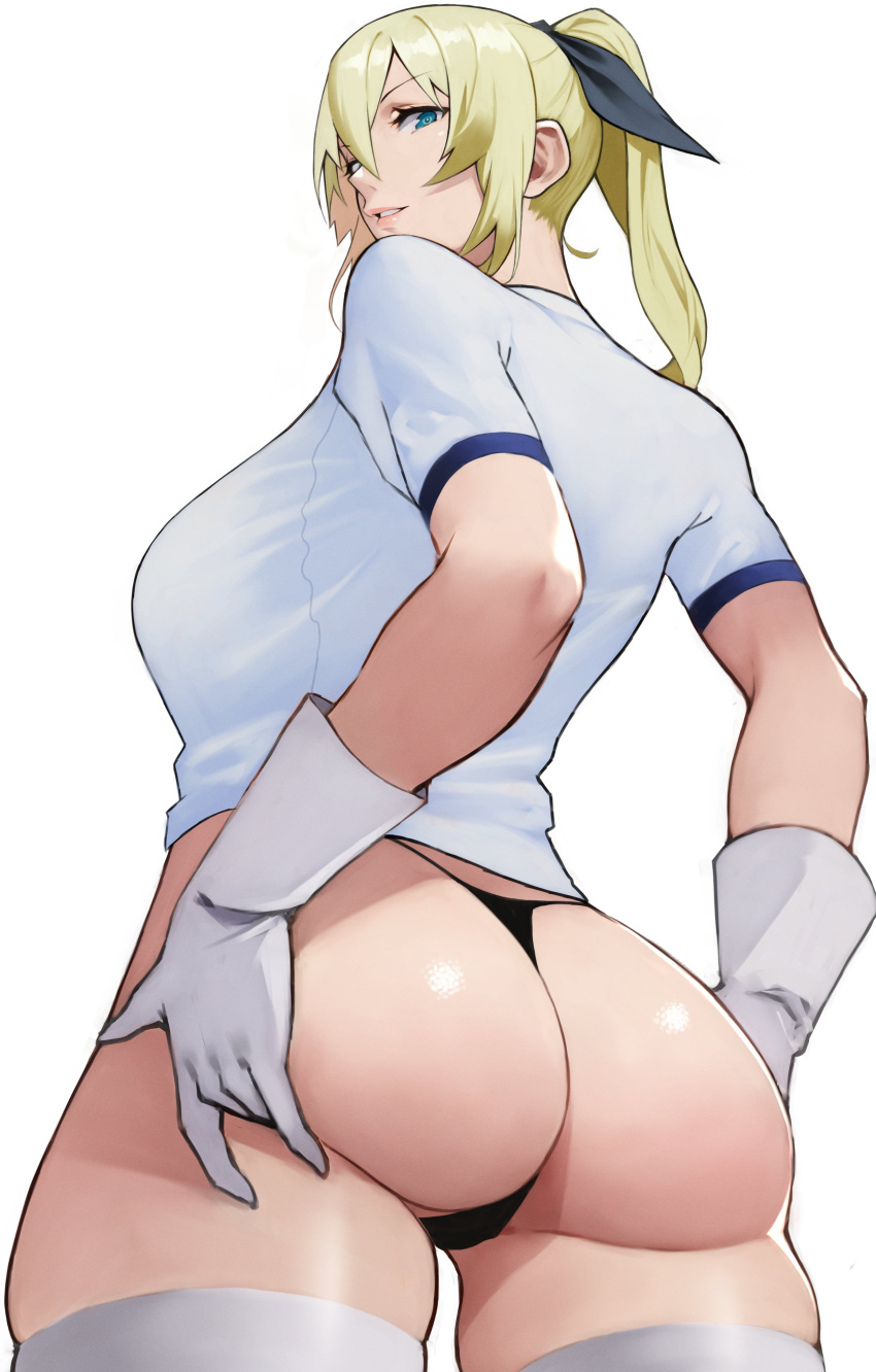 ass ass_up blonde_hair blue_eyes espada_love gloves hair_ribbon legwear maken-ki! simple_background t-shirt tagme thong tied_hair white_shirt yoshi55level