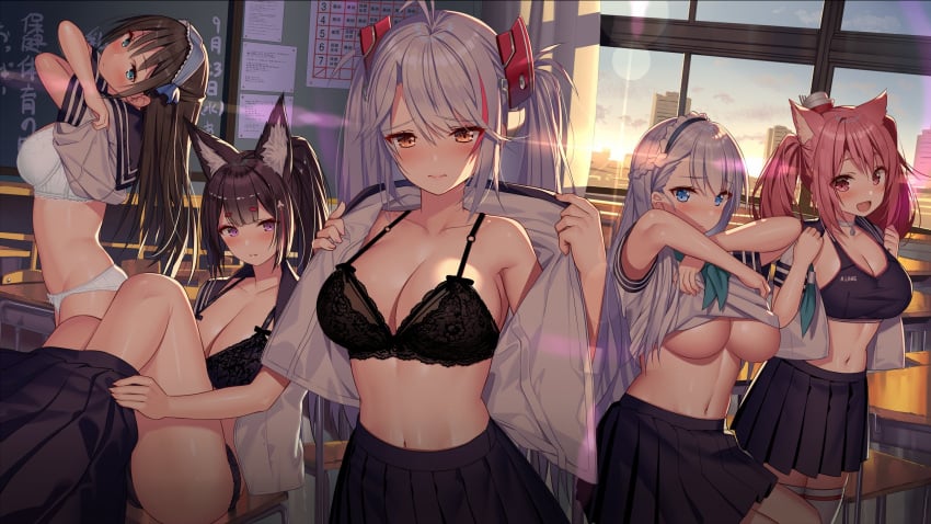 5girls akusema amagi_(azur_lane) animal_ears antenna_hair azur_lane bangs belfast_(azur_lane) black_bra black_sailor_collar black_skirt blue_eyes blunt_bangs blush bra braid breasts brown_eyes brown_hair cat_ears classroom cleavage closed_mouth collarbone eyebrows_visible_through_hair fox_ears french_braid grey_shirt headgear high_ponytail highres i-19_(azur_lane) indoors lace lace-trimmed_bra lace-trimmed_panties lace_trim large_breasts long_hair looking_at_viewer maid_headdress multicolored_hair multiple_girls navel neckerchief newcastle_(azur_lane) no_bra no_eyewear open_clothes open_mouth open_shirt panties pleated_skirt prinz_eugen_(azur_lane) purple_eyes red_eyes red_hair sailor_collar school_uniform shiny shiny_skin shirt short_sleeves side_braid silver_hair simple_background skirt smile sports_bra standing streaked_hair sunset swept_bangs thick_eyebrows thighhighs two_side_up underwear undressing very_long_hair white_bra white_legwear white_panties white_shirt window