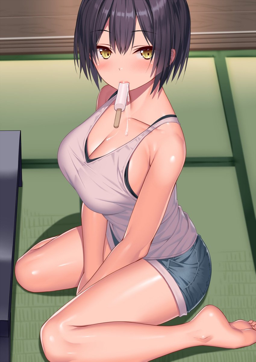 akusema bangs bare_arms bare_legs bare_shoulders barefoot between_legs black_hair black_tank_top blue_shorts blush breasts cleavage collarbone commentary cutoffs denim denim_shorts dripping eyebrows_visible_through_hair feet female food food_in_mouth hair_between_eyes hand_between_legs highres indoors large_breasts looking_at_viewer melting_popsicle mouth_hold original pink_lips popsicle shiny shiny_skin short_hair short_shorts shorts soles solo table tank_top tatami toes white_tank_top wooden_floor yellow_eyes