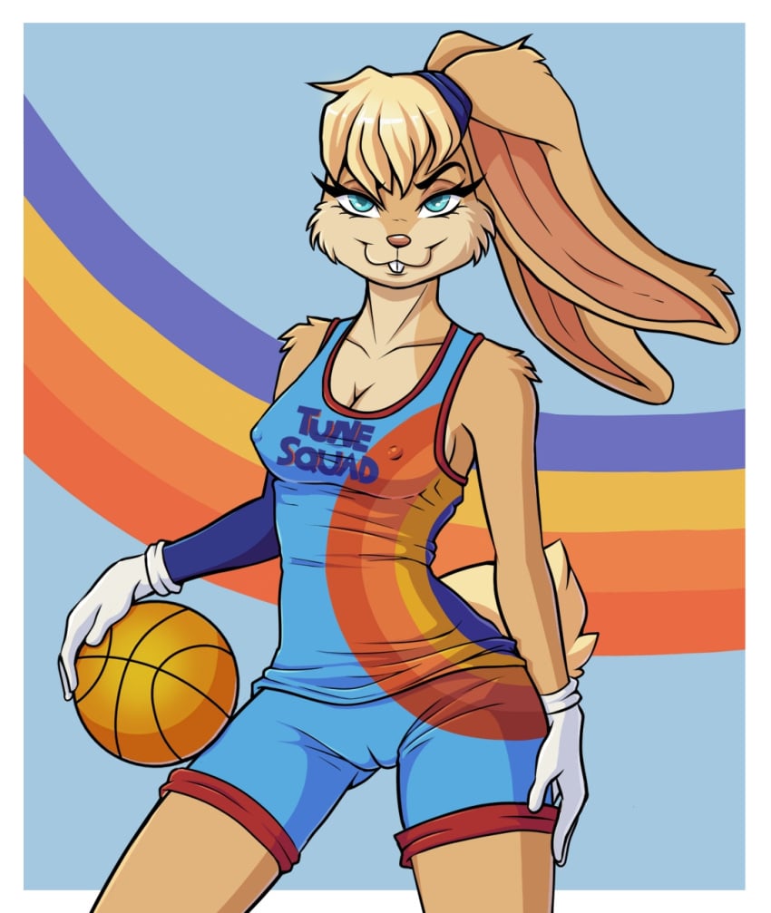 2021 anthro ball basketball_(ball) basketball_jersey basketball_shorts basketball_uniform blonde_hair blue_eyes bottomwear brown_nose buckteeth cameltoe clothing eyebrows eyelashes female gloves hair handwear hi_res jersey lagomorph leporid lola_bunny long_ears looking_at_viewer looney_tunes mammal nipple_bulge pokies rabbit shorts solo spoonful-of-jam sportswear teeth topwear uniform warner_brothers