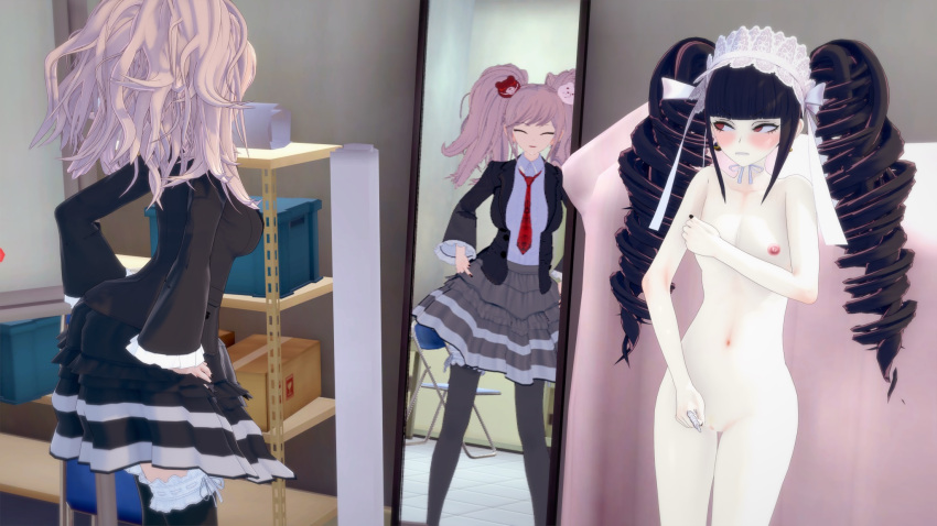 2girls 3d celestia_ludenberg costume_switch danganronpa embarrassed enf female female_only human junko_enoshima multiple_girls naked straight_hair ultimateenf white-skinned_female white_skin