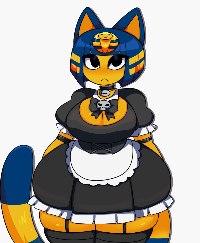 :< animal_crossing ankha big_breasts bow breasts choker cleavage clothed clothing felid feline felis female fully_clothed fur furry furry_only garter_belt garter_straps hi_res maid maid_uniform nintendo solo sugarkitty19 tail thick_thighs thighhighs thighs