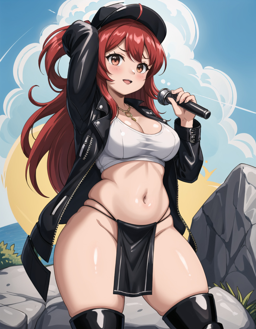 1girls ai_generated brown_eyes cap cleavage curvy female female_only gardener_ai hourglass_figure leather_jacket loincloth long_hair medium_breasts microphone nature_background original original_characters outdoors pelvic_curtain performance red_hair revealing_clothes singing skimpy smile solo stable_diffusion thick_thighs thigh_boots wide_hips