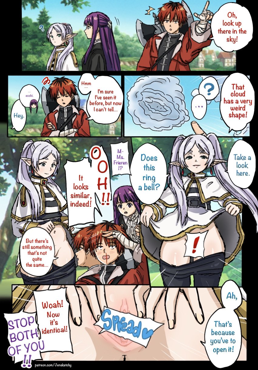 1boy 2girls comic english_text female fern_(sousou_no_frieren) flashing_pussy frieren jensketchy male multiple_girls nosebleed pointy_ears purple_hair red_hair right_to_left skirt_lift sousou_no_frieren stark_(sousou_no_frieren) tagme text white_hair