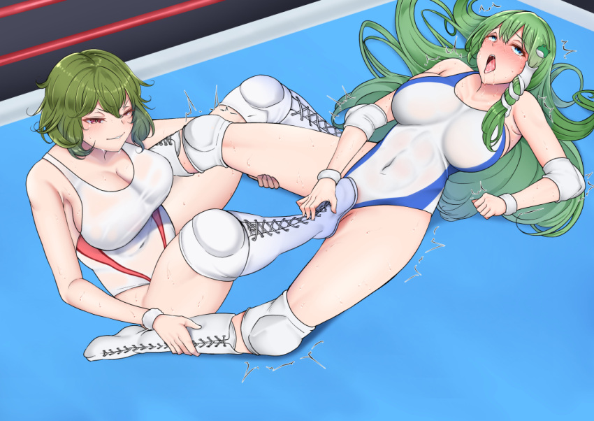 2girls ahe_gao boots breasts catfight collarbone covered_navel cross-laced_footwear elbow_pads frog_hair_ornament green_eyes green_hair hair_ornament hair_tubes j.a.l kazami_yuuka knee_pads kochiya_sanae large_breasts leotard long_hair multiple_girls one-piece_swimsuit open_mouth pain red_eyes ryona short_hair snake_hair_ornament submission_hold swimsuit touhou touhou_tag_dream white_footwear white_one-piece_swimsuit wrestling wrestling_outfit wrestling_ring yuka_kazami yuri