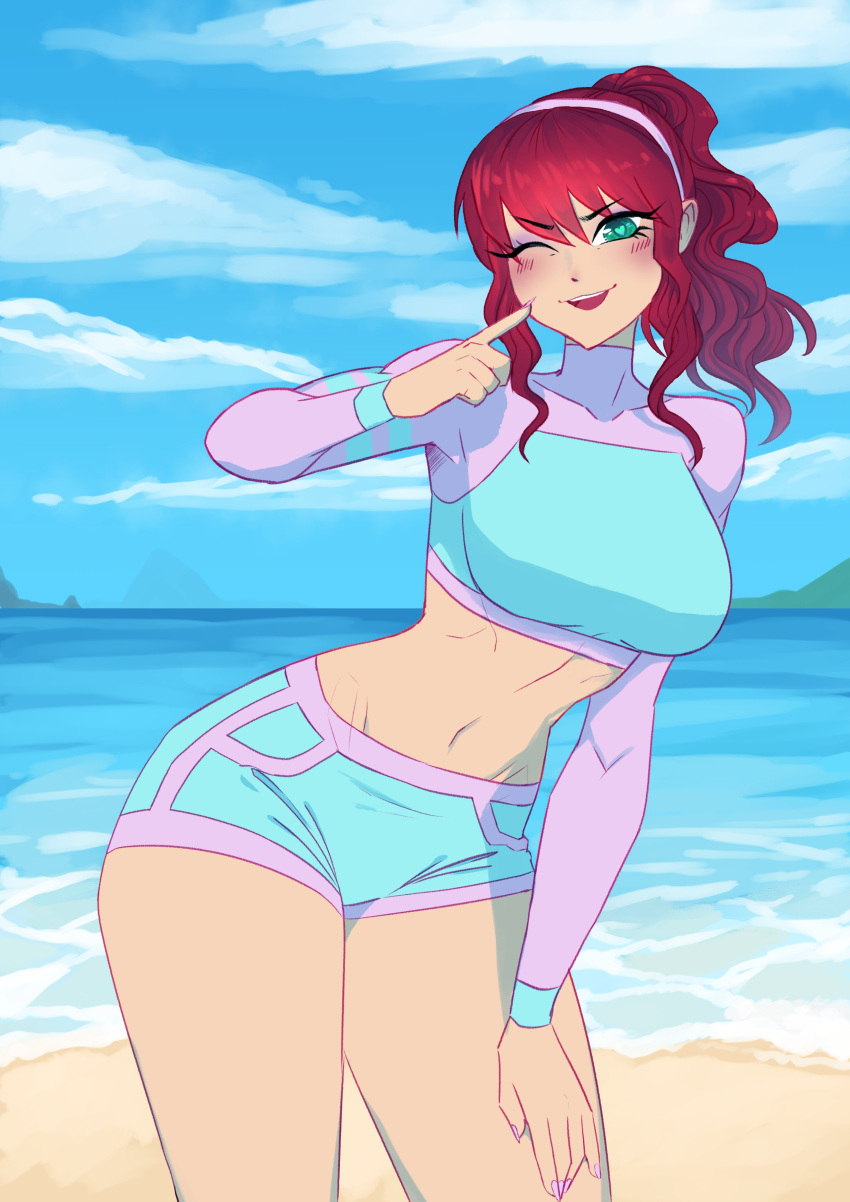 beach big_breasts brawlhalla eirlys female female_only red_hair scarlet_(brawlhalla)