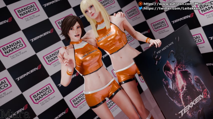 2girls 3d bandai_namco banner belly_button black_hair blonde_hair emilie_de_rochefort female female_only hime_cut holding_another's_shoulder kazama_asuka light_skin midriff model mura_tpg murata navel photoshoot realistic ring short_hair short_pants short_shorts shorts skimpy skimpy_clothes tekken tekken_8 tekken_tag_tournament_2 tomboy