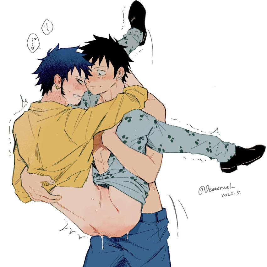 2boys abs ass black_hair blush closed_mouth clothed_sex couple cum cum_in_ass cum_overflow demorzel denim drooling earrings facial_hair facial_scar full-face_blush goatee jeans jewelry looking_at_another male male_only monkey_d_luffy mouth_drool multiple_boys one_piece pants saliva scar scar_on_cheek scar_on_face sex shirt short_hair smile tattoo thighs toned toned_male topless_male trafalgar_law trembling upright_straddle yaoi yellow_shirt