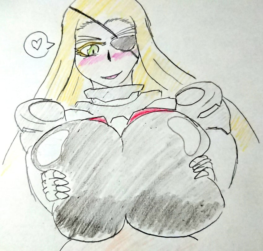 1boy 1girls 2010s big_breasts blonde_hair blush bodysuit boobjob breast_squish breasts eye_patch female getter_robo getter_robo_high green_eyes heart human long_hair paizuri penis_between_breasts robot_girl sketch speech_bubble thick_eyebrows thick_eyelashes tongue_out tsutsuno_byakuya