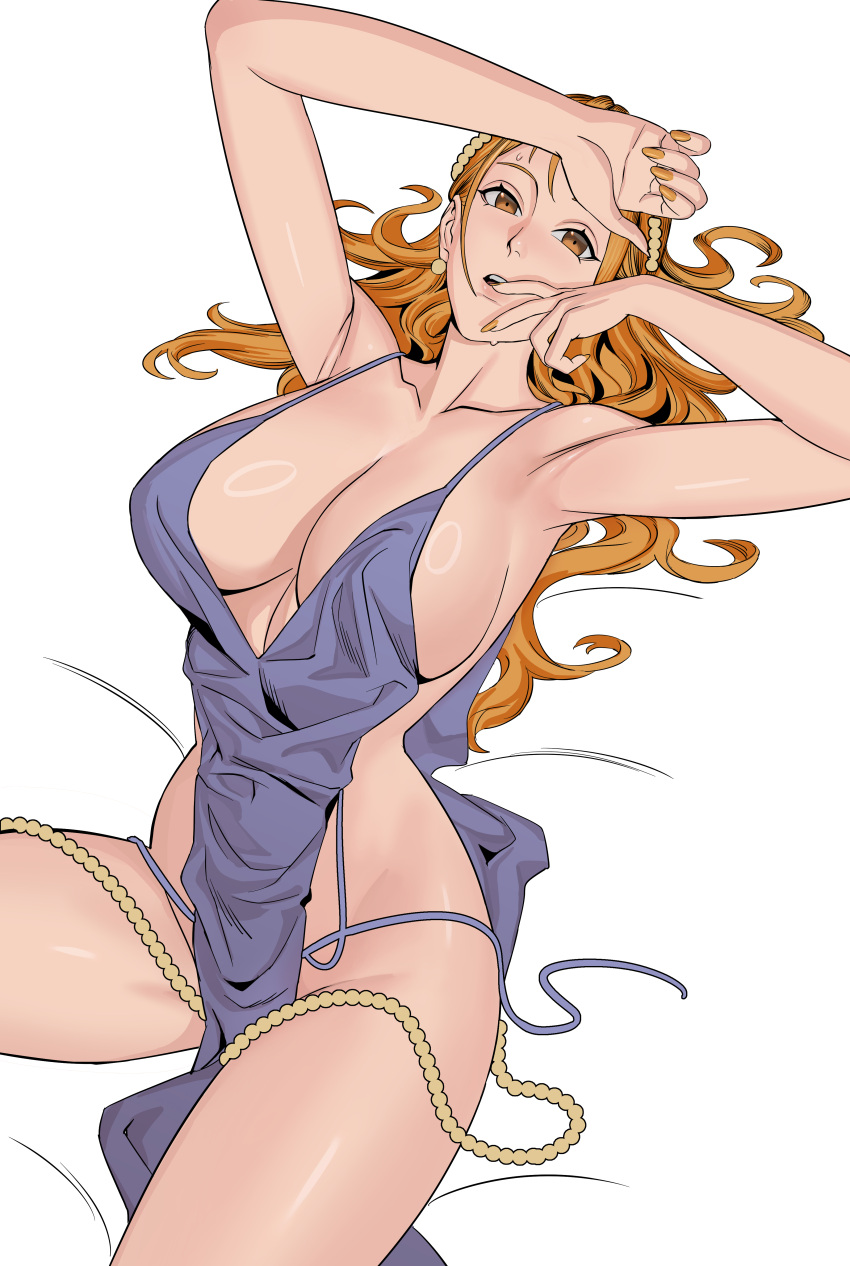 1girls armpits arms_up breasts brown_eyes dress female female_only huge_breasts large_breasts long_hair looking_at_viewer nami no_bra no_panties no_underwear one_piece orange_hair post-timeskip purple_dress revealing_dress solo tattoo uukkaa voluptuous