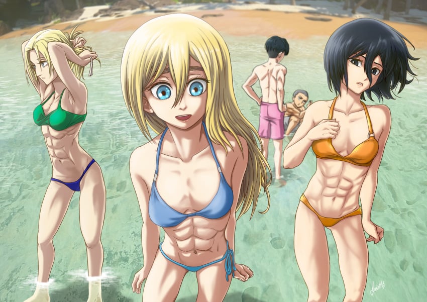 2boys 3girls abs absurdres annie_leonhardt armpits athletic_female attack_on_titan bare_shoulders beach belly_button bikini black_hair blonde_hair blue_eyes breasts collarbone connie_springer eight_pack eyebrows eyelashes feet_out_of_frame female_abs fit_female hair_ornament highres historia_reiss levi_ackerman lips long_hair medium_breasts mikasa_ackerman multiple_boys multiple_girls muscular muscular_female muscular_legs muscular_thighs navel open_mouth parted_lips ponytail sand seaside shingeki_no_kyojin short_hair six_pack small_breasts swimsuit teeth thick_eyebrows tomboy upper_teeth_only water waves