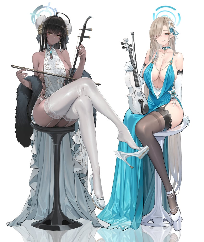 2girls absurdres ahoge alternate_costume asuna_(blue_archive) asymmetrical_bangs bare_shoulders black_thighhighs blonde_hair blue_archive blue_dress blue_eyes blush bow_(music) breasts china_dress chinese_clothes cleaning_&_clearing_(blue_archive) cleavage collarbone crossed_legs dark-skinned_female dark_skin dishwasher1910 double_bun dress earrings elbow_gloves extreme_dangling feet female fur-trimmed_sleeves fur_trim garter_straps gloves grey_thighhighs grin hair_bun hair_over_one_eye halo halter_dress halterneck high_heels highres holding holding_instrument holding_violin instrument jewelry karin_(blue_archive) lace lace-trimmed_thighhighs large_breasts left-handed light_brown_hair long_bangs long_hair looking_at_viewer millennium_science_school_student multiple_girls music_stand musical_instrument navel one_eye_covered plunging_neckline revealing_clothes sheet_music shoe_dangle sideboob sideless_outfit simple_background sitting smile stool textless_version thighhighs very_long_hair violin white_background white_footwear white_gloves white_thighhighs