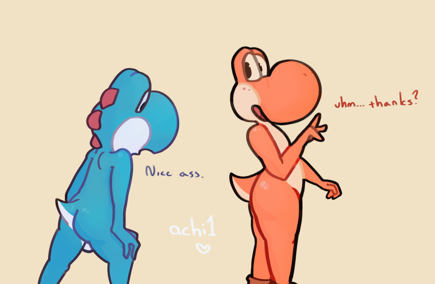 achi1 ambiguous_gender anthro ass backsack balls belly biped blue_yoshi compliment confusion duo freckles genitals glistening glistening_body glistening_skin hi_res leaning looking_back male male/male male_anthro mario_(series) nervous nintendo nude orange_yoshi outline short_tail simple_background tail yoshi