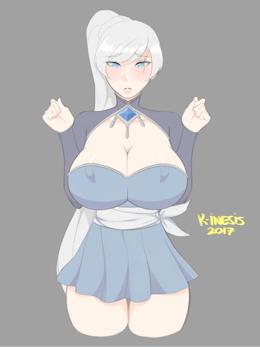 blue_eyes huge_breasts k-inesis lips looking_at_viewer nipple_bulge pokies rwby weiss_schnee white_hair