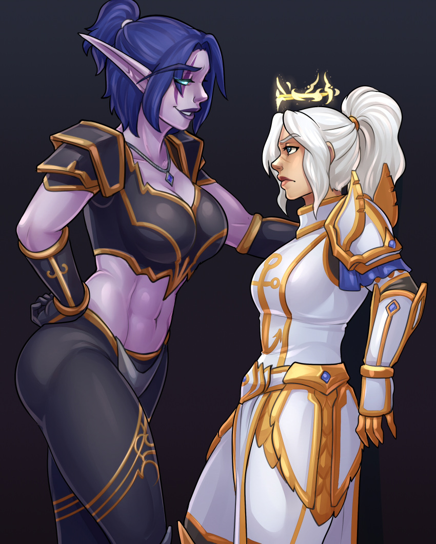 2024 2d armor big_ass blue_eyes blue_hair corruption cuti-chan death_knight death_knight_(warcraft) elf elf_ears female femdom glowing_eyes height_difference human human_(warcraft) melwinne necklace night_elf night_elf_death_knight paladin_(warcraft) pointy_ears valencia_whitmore white_hair world_of_warcraft