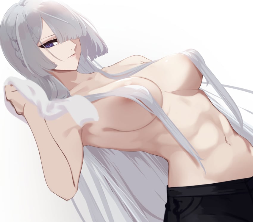 abs ak-15_(girls'_frontline) areola_slip black_pants braid breasts covered_nipples female french_braid girls'_frontline grey_hair hair_over_breasts hair_over_one_eye highres holding holding_towel large_breasts long_hair looking_at_viewer navel ohc. pants purple_eyes solo topless towel white_background