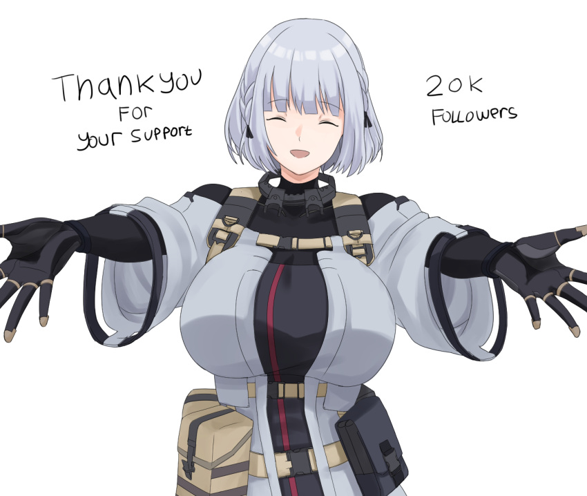 black_bodysuit black_gloves bodysuit breasts closed_eyes cyka english_text female girls'_frontline gloves grey_jacket highres jacket large_breasts milestone_celebration open_mouth rpk-16_(girls'_frontline) short_hair smile solo thank_you upper_body white_background white_hair wide_sleeves