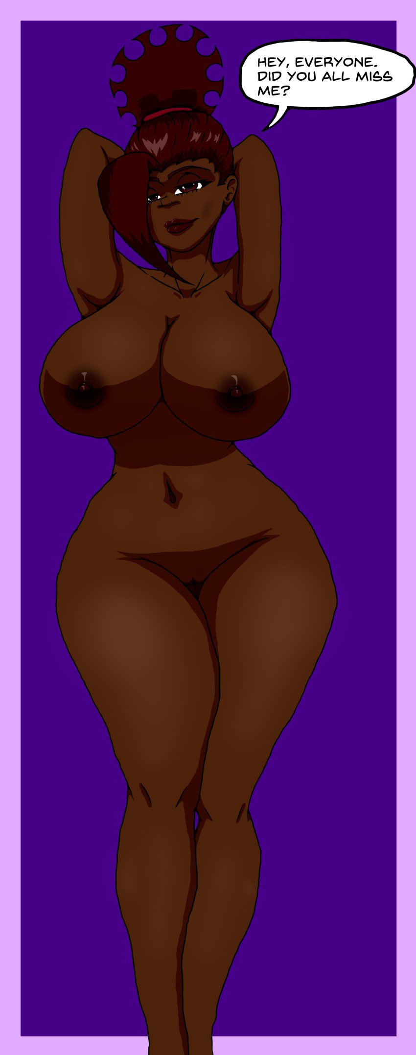 african_american arm_behind_head arms_up big_breasts big_hips big_thighs brown_eyes brown_hair brown_hair_female cel_shading chantelle_jackson dark_skin dark_skinned_female dialogue hair_bun hair_tie hair_tied_back halfeb_the_dingo pin_up pin_up_girl seductive_look seductive_smile smile solo_female solo_girl