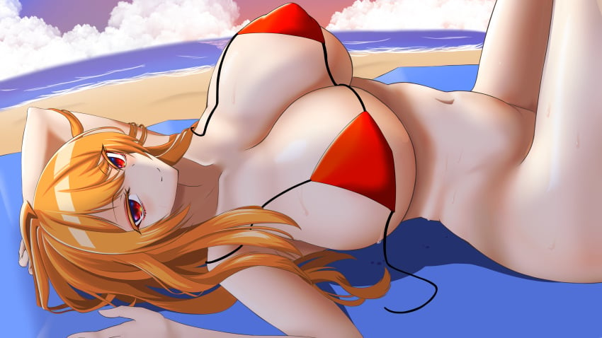 absurdres beach bikini bikini_top_only bottomless breasts cleavage closed_mouth cloud covered_erect_nipples female highres horizon huge_breasts junko_(touhou) long_hair looking_at_viewer lying mature_female micro_bikini milf navel nuekane ocean on_back orange_hair outdoors red_bikini red_eyes sky smile solo swimsuit touhou undone_bikini wet