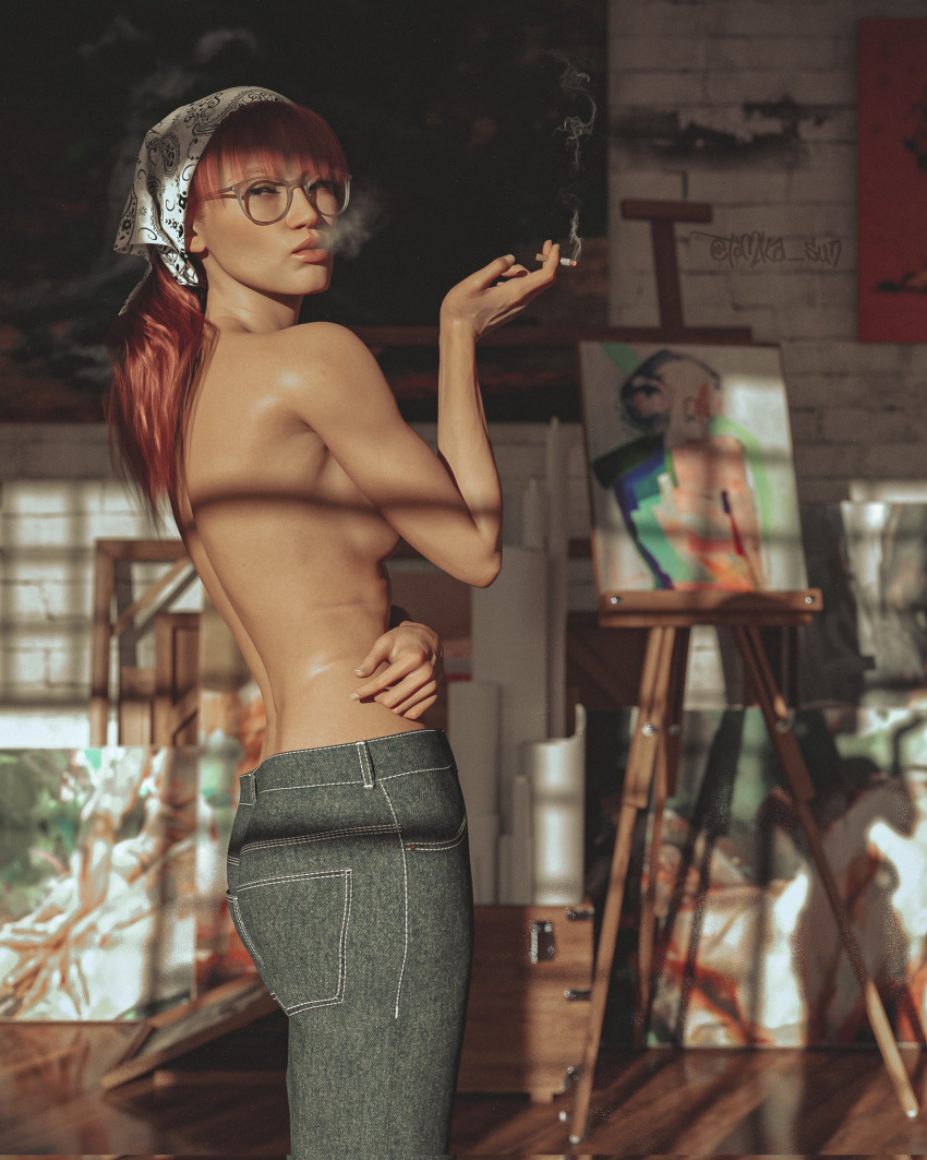 1female 1girls 1woman 3d 3d_(artwork) 3d_model female female_focus female_only glasses no_visible_nipples original original_character original_female_character petite petite_body petite_breasts petite_female petite_girl red_hair shirtless shirtless_female smoking solo solo_female solo_focus tomka_sun topless topless_female