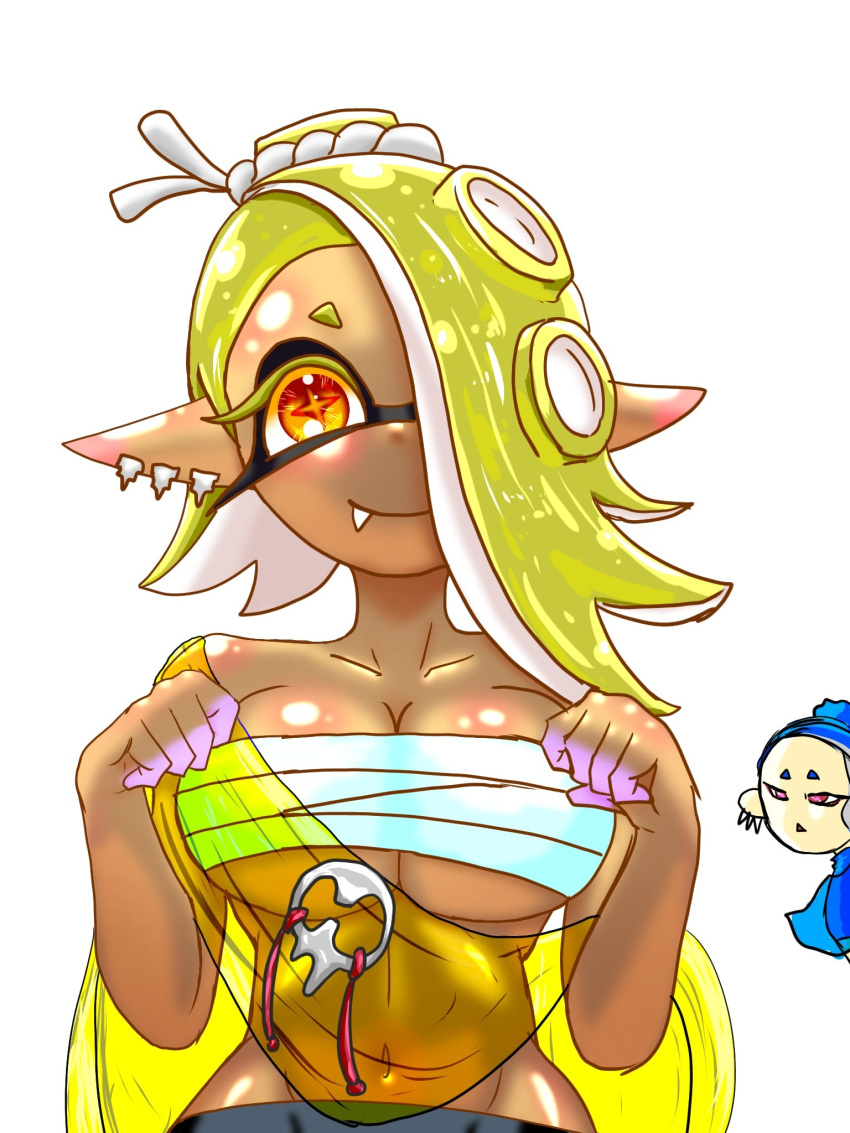 2024 big_breasts black_eyelashes black_pants blue_hair breasts chest dark-skinned_female dark_skin digital_media_(artwork) ear_piercing frye_(splatoon) hair_over_one_eye headgear headwear hi_res huge_chest looking_at_viewer nintendo one_eye_covered open_mouth pants pointy_eared_humanoid pointy_ears red_eyes sarashi sarashi_pull shiver_(splatoon) shiver_(splatoon)_(cosplay) simple_background smile smiling_at_viewer splatoon splatoon_(series) splatoon_3 t2ukmyjm tentacle tentacle_hair white_background yellow_eyebrows yellow_eyelashes yellow_eyes yellow_hair