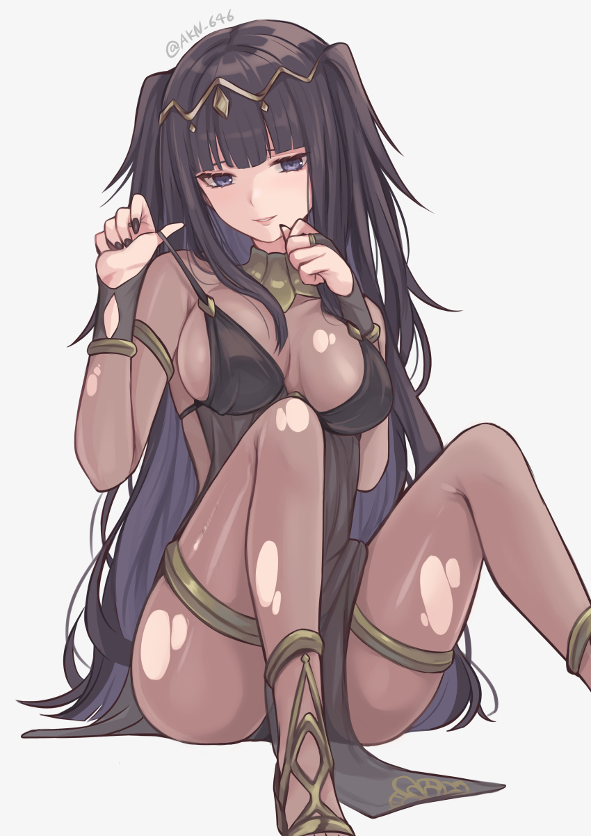 1girls absurdres alternate_costume bangs black_hair blunt_bangs bodystocking bodysuit bracelet breasts bridal_gauntlets circlet cleavage female female_only fire_emblem fire_emblem_awakening highres jewelry large_breasts long_hair looking_at_viewer medium_breasts nintendo purple_eyes shimizu_akina smile solo solo_female strip_tease teasing tharja_(fire_emblem) tiara torn_clothes torn_legwear two_side_up undressing