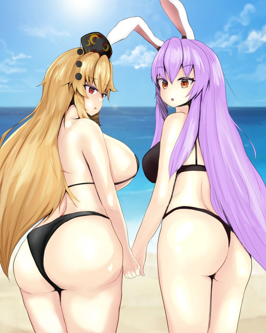 2girls absurdres animal_ears artyom ass bare_shoulders bikini blonde_hair blush breasts from_behind handholding hat highres huge_ass junko_(touhou) large_breasts long_hair looking_at_viewer looking_back mature_female milf multiple_girls older_female older_woman_and_teenage_girl open_mouth purple_hair rabbit_ears red_eyes reisen_udongein_inaba shiny_skin sideboob swimsuit thick_thighs thighs thong touhou very_long_hair yuri