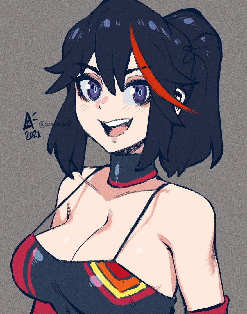 2021 aurahack bare_shoulders black_hair blue_eyes breasts cleavage collarbone female grey_background highres kill_la_kill large_breasts looking_at_viewer matoi_ryuuko multicolored_hair neckwear ponytail race_queen red_hair signature simple_background smile solo wholesome