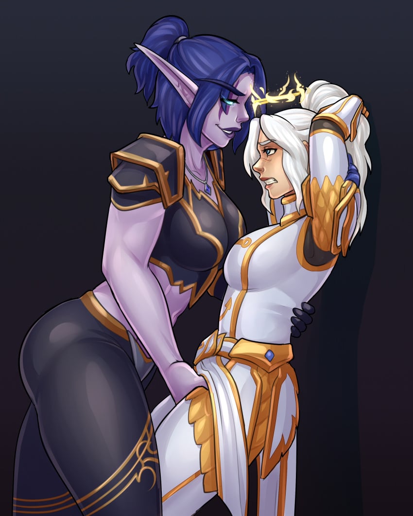 2024 2d armor big_ass blue_eyes blue_hair corruption crotch_grab cuti-chan death_knight death_knight_(warcraft) elf elf_ears female femdom fingering fingering_partner glowing_eyes height_difference human human_(warcraft) melwinne necklace night_elf night_elf_death_knight paladin_(warcraft) pointy_ears reluctant valencia_whitmore white_hair world_of_warcraft yuri