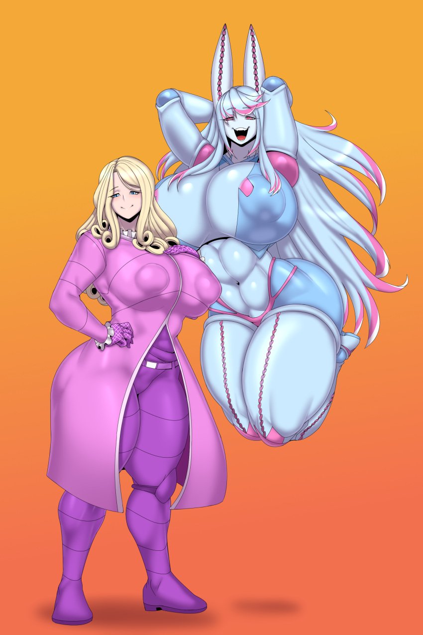 2girls arms_up ass ber00 big_ass big_breasts blonde_hair breasts busty dirty_deeds_done_dirt_cheap female female_only floating funny_valentine hand_on_hip hands_behind_head huge_breasts jojo&#039;s_bizarre_adventure large_breasts looking_at_viewer rule_63 stand_(jjba) steel_ball_run thick_thighs wide_hips