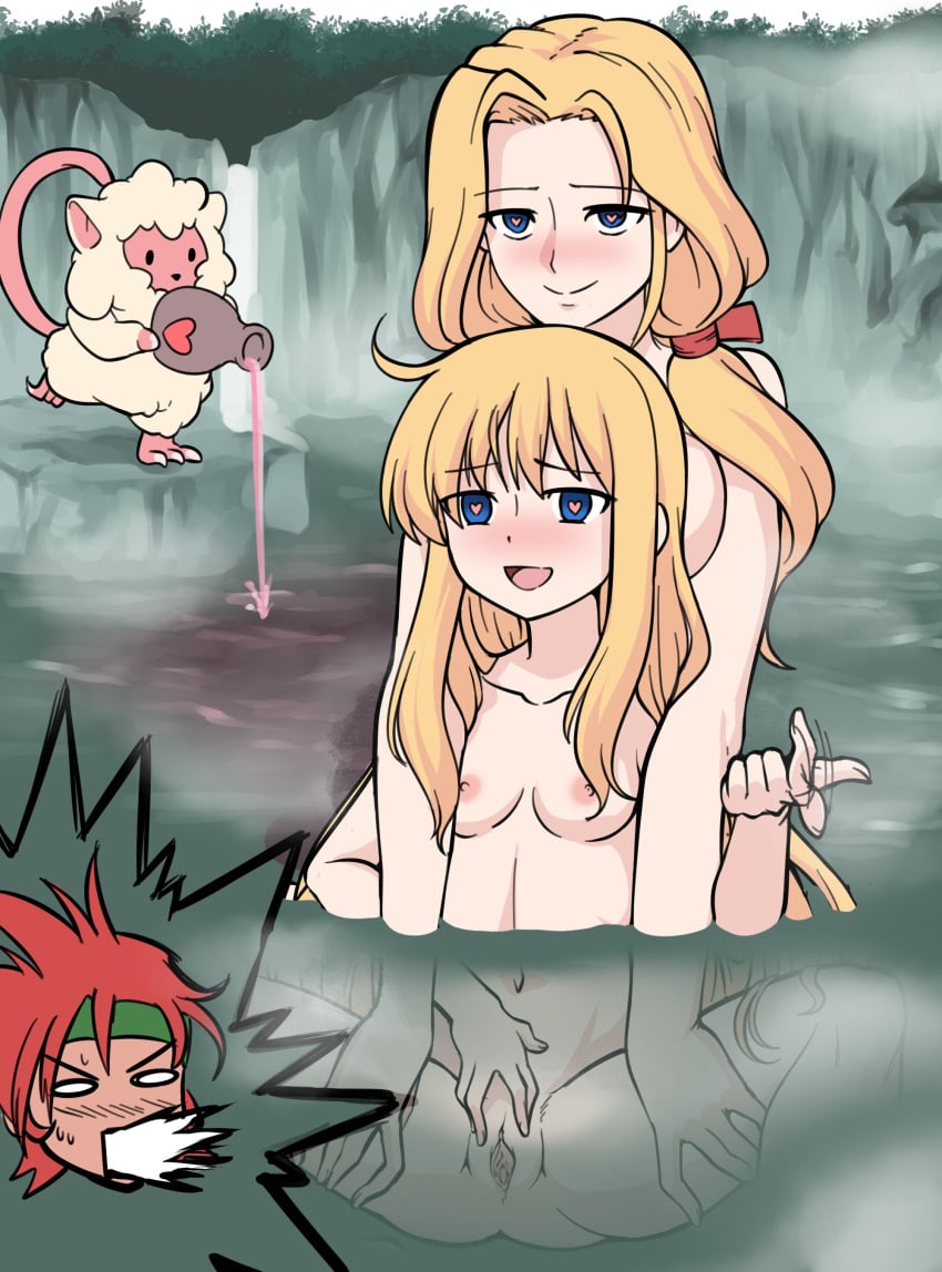 1boy 2girls agate_crosner blonde_hair blue_eyes breasts completely_nude completely_nude_female daughter eiyuu_densetsu erika_russell female female_focus heart-shaped_pupils hot_spring hypnosis male mind_control monkey mother mother_and_daughter multiple_girls naked naked_female nude nude_female petite pouring_water pussy red_hair sen_no_kiseki small_breasts spread_pussy tita_russell trails_in_the_sky trails_of_cold_steel uncensored