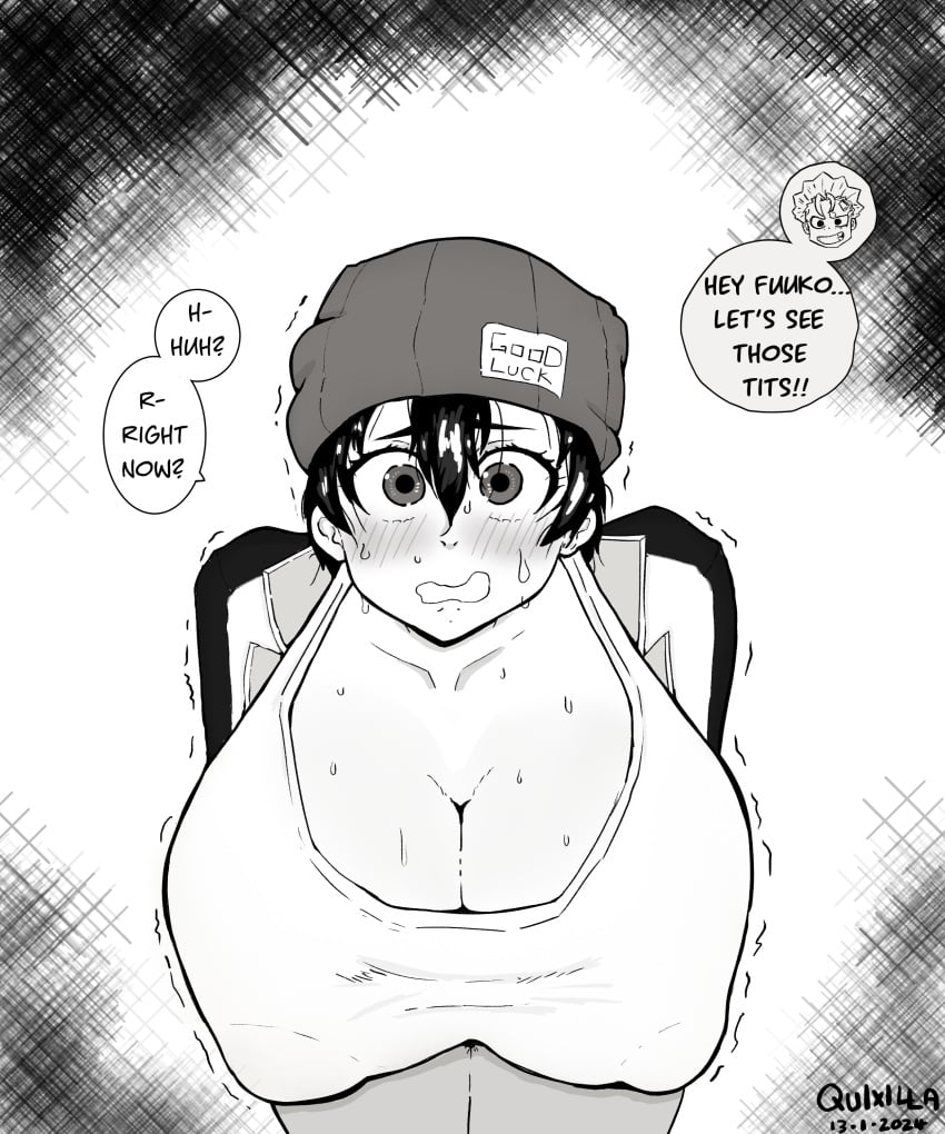 black_and_white dialogue fanart fuuko_izumo giant_breasts high_angle manga manga_style massive_breasts monochrome nervous nervous_smile nervous_sweat quixilla undead_unluck